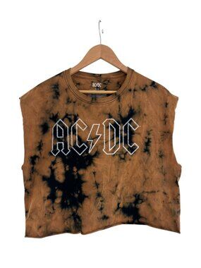 AC/DC Tie Dye Brown Black Sleeveless Cropped Muscle Tank Top Shirt Size L Cotton